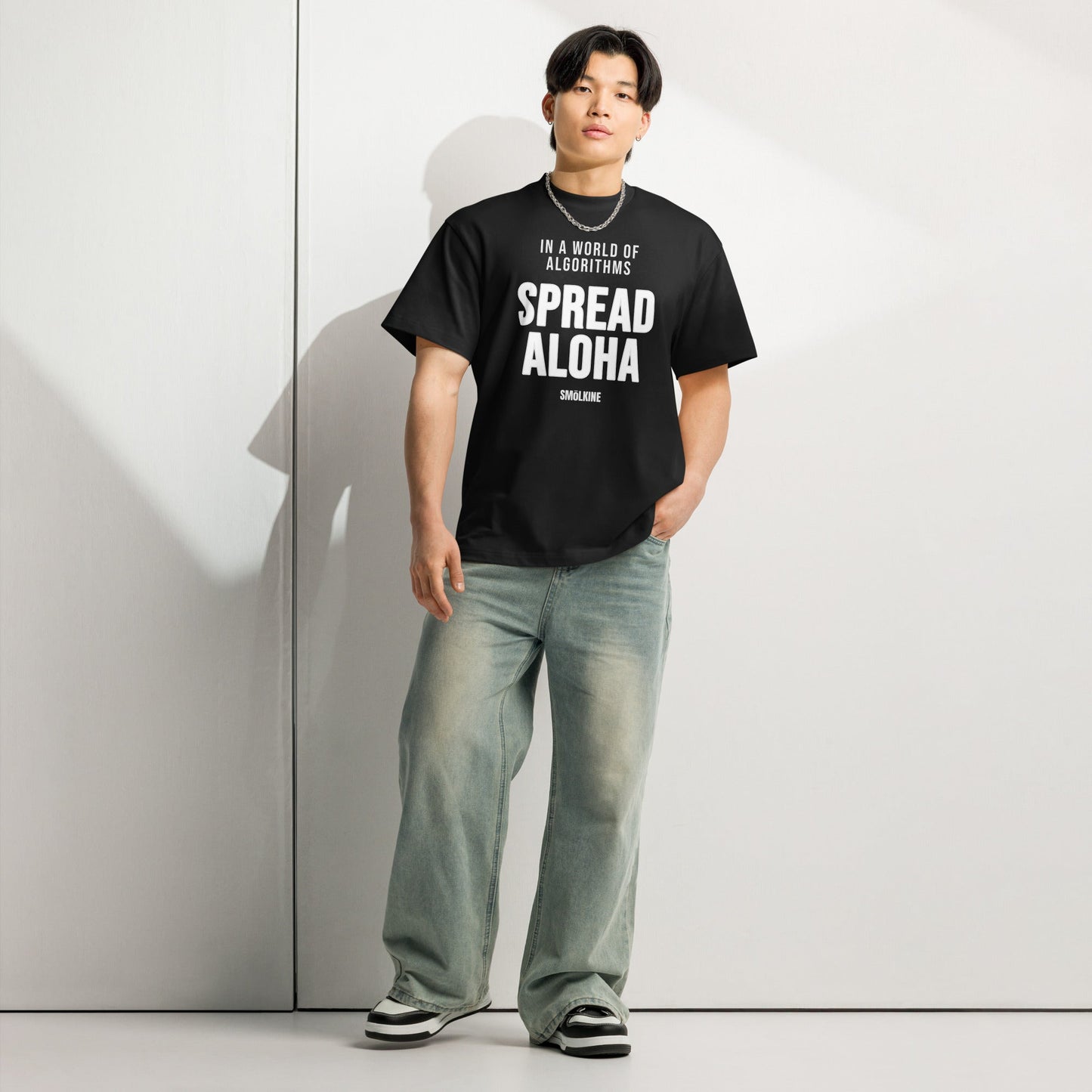 SMoLKINE Spread Aloha Box Tee in Black, front view