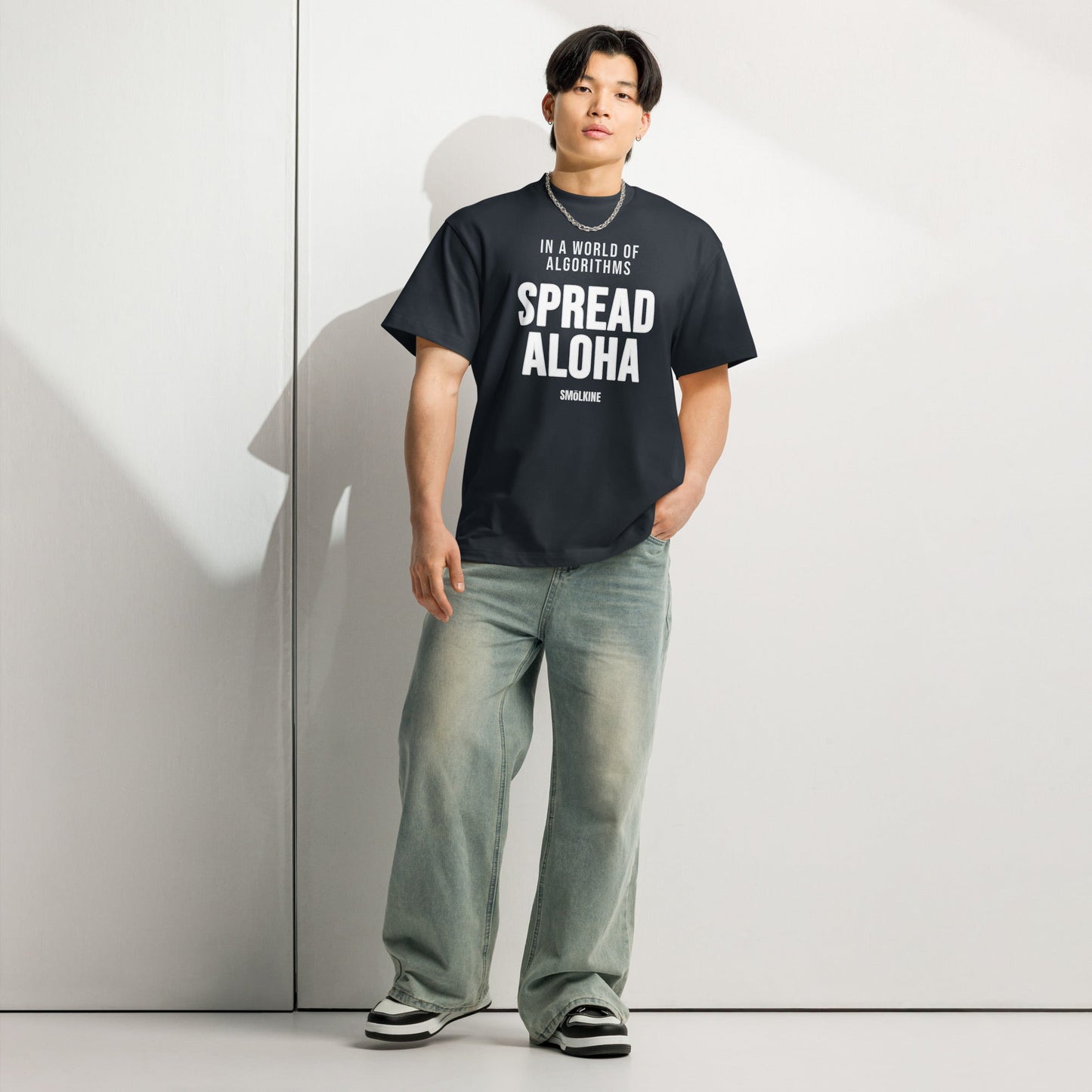 SMoLKINE Spread Aloha Box Tee in Navy Blazer, front view