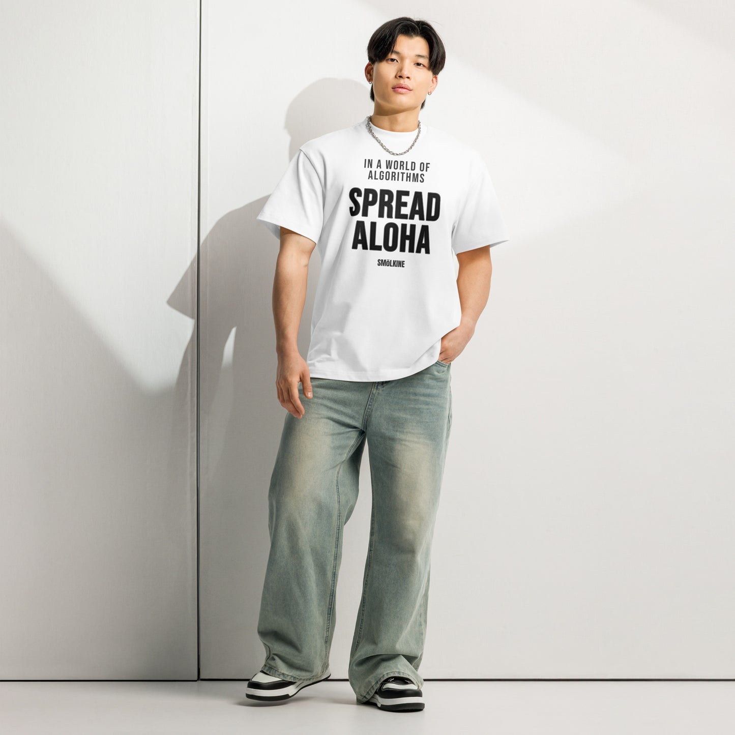 SMoLKINE Spread Aloha Box Tee in White, front view