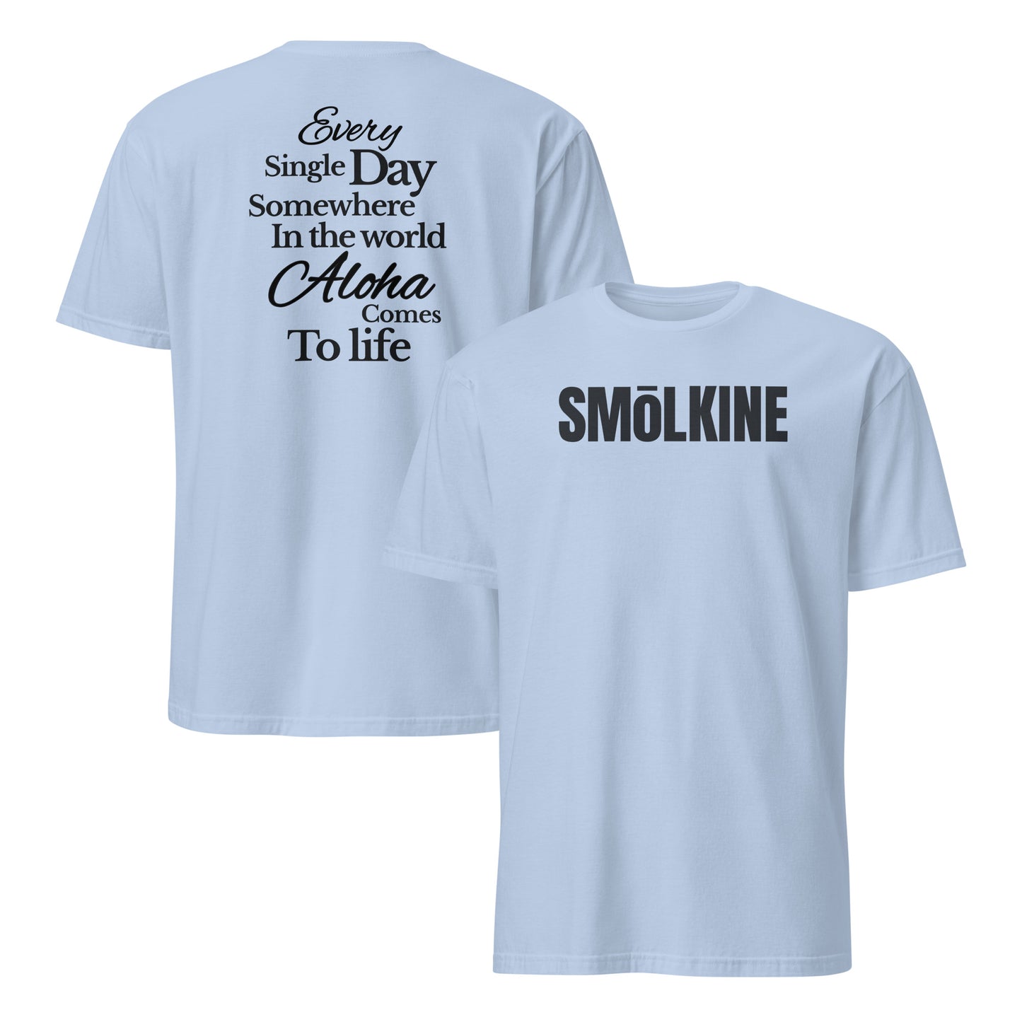 SMoLKINE Classic Everyday Aloha Tee in Light Blue, front and back view