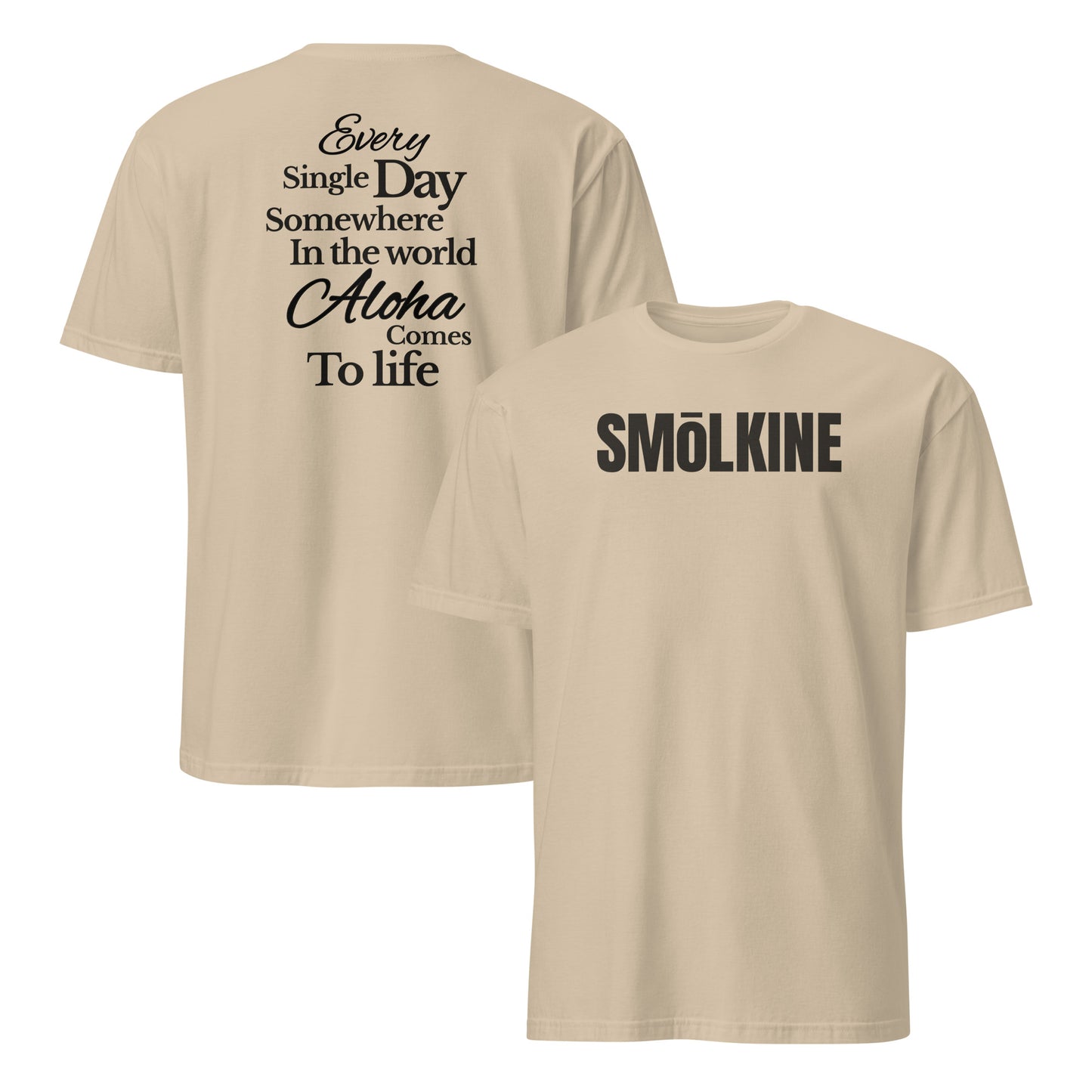 SMoLKINE Classic Everyday Aloha Tee in Sand, front and back view