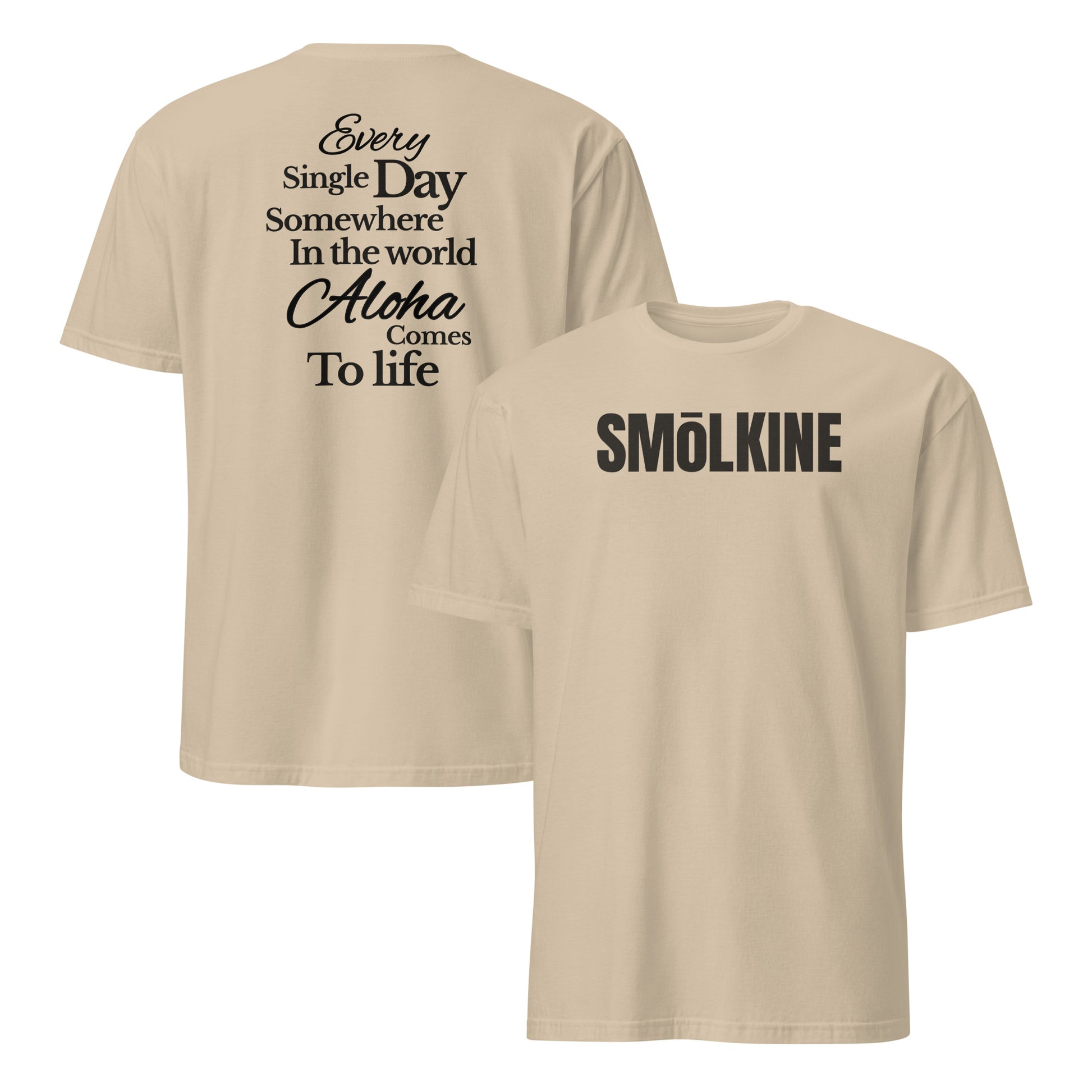 SMoLKINE Classic Everyday Aloha Tee in Sand, front and back view