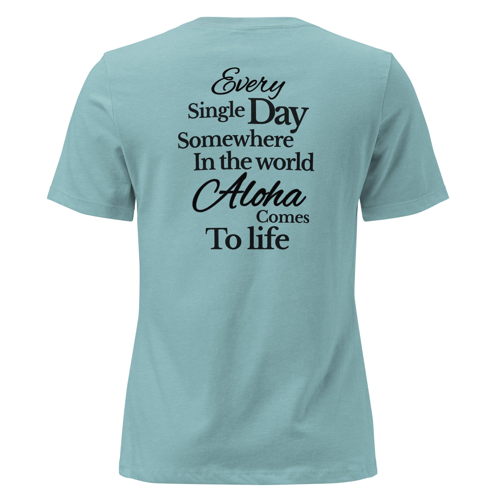 SMoLKINE Everyday Aloha Women's Tee in Heather Blue Lagoon, back view